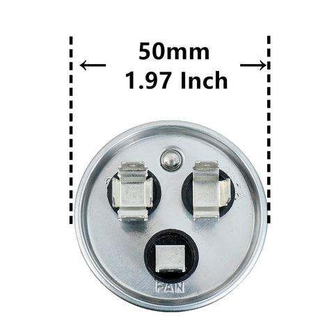 Top view of 35 Plus 5 MFD 370V AC Dual Run Capacitor, CBB65 for AC units, showing 50mm diameter and connection terminals.
