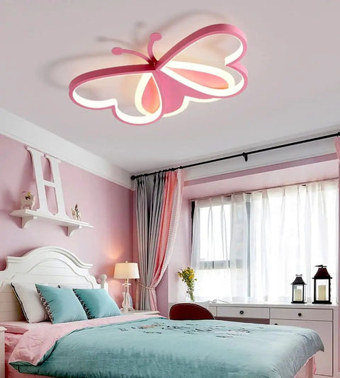Pink Butterfly LED Ceiling Light Fixture For Kids Room Modern Flush Mount Dimmable With Remote 36W 110V in bedroom