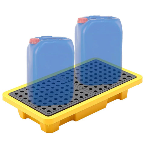 Heavy Duty Forkliftable Spill Pallet 48x24x4 Inch with 2000 Lbs Capacity showing yellow tray with two blue containers.