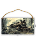 Rusty Steam Locomotive Wooden Hanging Sign 6x12 Inch Vintage Wall Decor Plaque with forest scene and jute rope