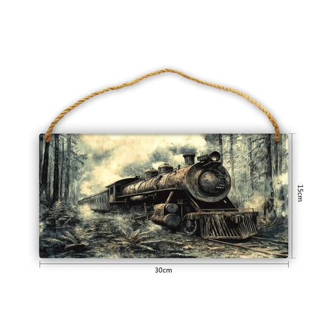 Rusty Steam Locomotive Wooden Hanging Sign 6x12 Inch Vintage Wall Decor Plaque with forest scene and jute rope