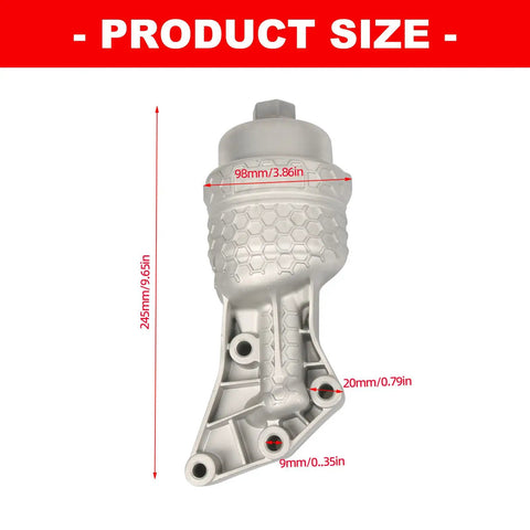 Genuine OEM Style Oil Filter Assembly 26300-3LAA0 And 26345-3LAA0 showing dimensions of 245mm by 98mm, made of aluminum.