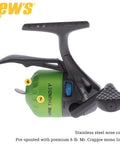Crappie Thunder Underspin Fishing Reel With 4.3 To 1 Gear Ratio For Right Or Left Hand Retrieve In Green, graphite frame, side view.