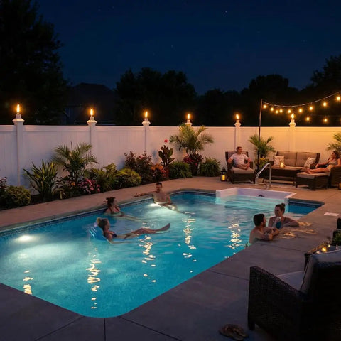 Outdoor nighttime scene with tiki torches lighting a pool area; people relaxing in water and seated on patio furniture near white fence.