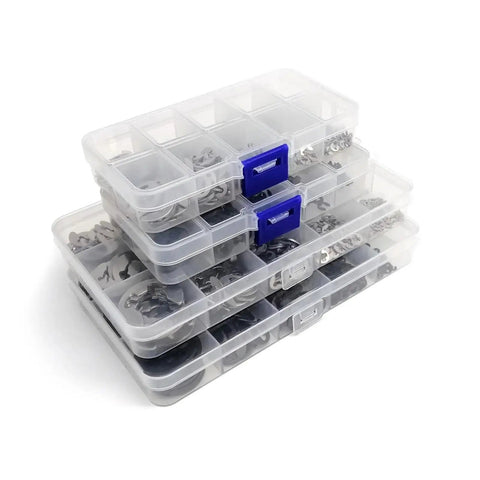 External Circlip Retaining Ring Kit Set M1.2 To M15 For Shafts E Type Circlips Stainless Steel SS304 1000 Pcs Heavy Duty Built To Last Shaft Bearing Retention Solution in clear organizer cases