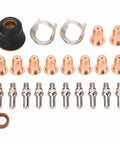 24Pcs Plasma Cutter Consumables Kit With Brass Electrodes And Torch Tips Pro Grade Brass Electrode Pack displayed on white background.