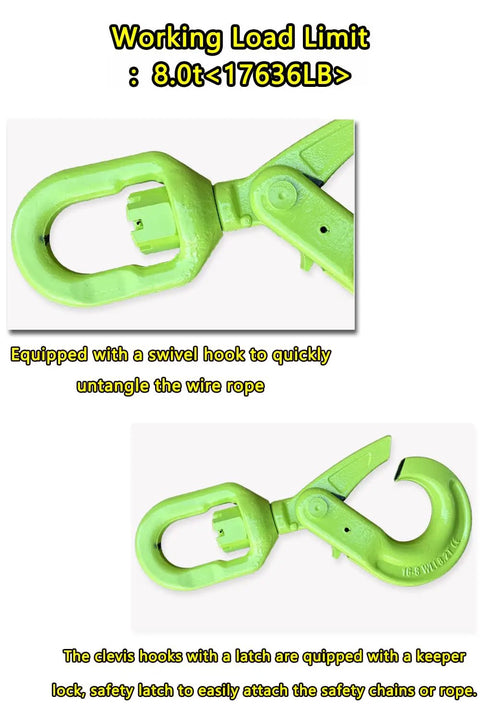 Badass Heavy Duty Swivel Lifting Hook 17637 Lbs Capacity With Spring Loaded Self Lock, green clevis hook with latch for cargo rigging.