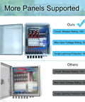Kick Back And Power Your Whole Spot With This Solid Plug And Play Off Grid Solar Kit Featuring Six 350 Watt Panels Four 100 Ah Lifepo4 Batteries 3000 Watt Inverter 100 Amp Mppt Controller showing circuit breaker box with specifications.