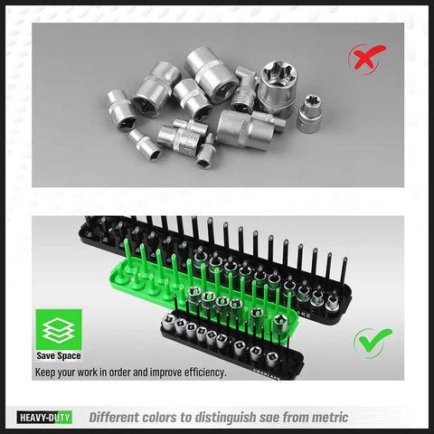 Image showcasing 6-Piece Socket Organizer Tray for SAE and Metric Sockets, with sockets organized on color-coded trays, contrasted with scattered sockets.