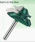 Top Notch 45 Degree Lock Miter Router Bit With Tungsten Steel Cutter For Woodworking Pros, 2 Inch head visible, precise cutting edges.