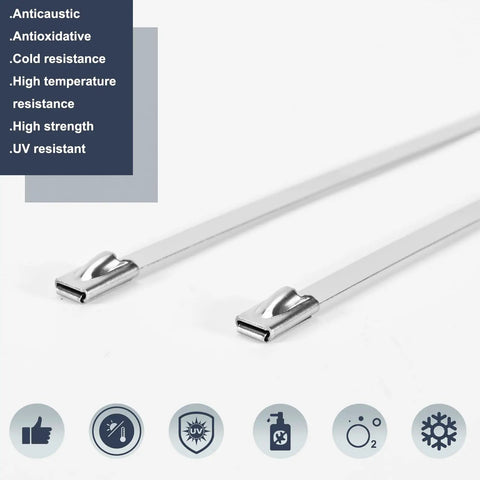 Heavy Duty 11.8 Inch Metal Zip Ties, 304 Stainless Steel Self Locking Cable Ties For Outdoor Use, 100 Pack, Ultra Strong And Weatherproof For Exhaust Wraps, Chain Link Fences, Pipes, Farms, And More, close-up of stainless steel ties