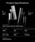 Single Dose Burr Coffee Grinder With 46Mm Conical Steel Burrs And 45 Micro Grind Steps For Smooth Espresso Shots Or Clean Pour Over Features Silicone Air Bulb To Kick Out Residual Dust And Hold Magnetic Dosing Cup Securely in liquid silver and phantom black.