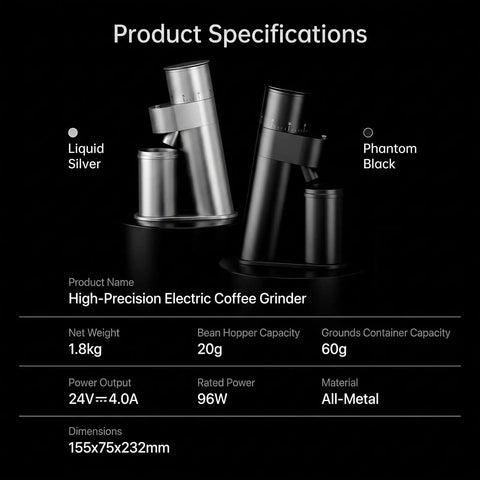 Single Dose Burr Coffee Grinder With 46Mm Conical Steel Burrs And 45 Micro Grind Steps For Smooth Espresso Shots Or Clean Pour Over Features Silicone Air Bulb To Kick Out Residual Dust And Hold Magnetic Dosing Cup Securely in liquid silver and phantom black.