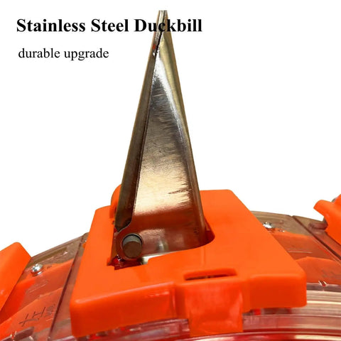 Stainless steel duckbill tip detail of All In One Garden Seeder With Ten Seed Plates, No Bend Push Spreader.
