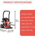 Boss Level Heavy Duty Electric Sewer Snake And Drain Auger With Auto Feed Cable Machine features 75ft cable and rugged steel build for blocked pipes.