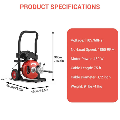 Boss Level Heavy Duty Electric Sewer Snake And Drain Auger With Auto Feed Cable Machine features 75ft cable and rugged steel build for blocked pipes.