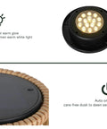 Patio Floor Lamp Outdoor Solar Powered Lantern With Weather Resistant Wicker Finish for Garden Deck and Backyard auto on at dusk 40 lumens cozy vibe large sized for indoor outdoor lighting natural brown showcasing LED light and solar panel details