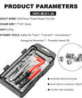 15 Piece Thread Repair Kit For Automotive Use M10x1.5 And M12x1.25 Threads With Drill Bit And Hex Wrench displayed in case