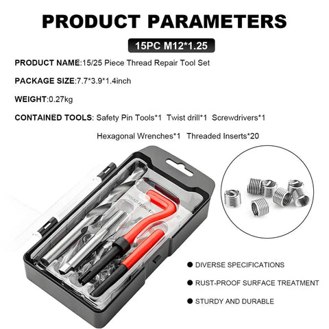 15 Piece Thread Repair Kit For Automotive Use M10x1.5 And M12x1.25 Threads With Drill Bit And Hex Wrench displayed in case
