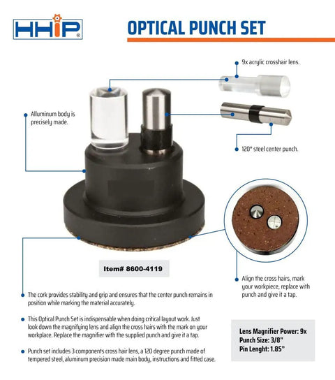 Pro Grade 7 Piece Optical Punch Combination Kit With 9x Magnification Lens, features a tempered steel punch and cork base for precise marking.