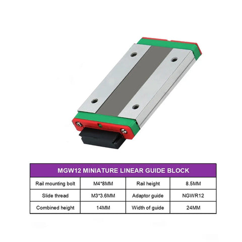 Guideway Linear Slide Bearing Block for MGN12CH and MGW12CH Carriage Block for 3D Printers and CNC Machines, dimensions shown