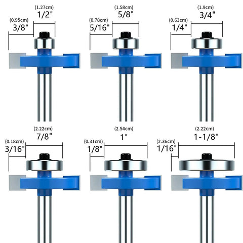 Pack Of 7 Top Notch Carbide Router Bits Set With Ball Bearings for precision wood chamfering, various sizes shown.