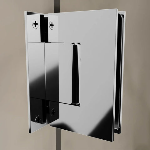 Wall Mount Full Back Plate Brass Hinge With 5 Degree Preset Polished Chrome For Glass Panels Four Inch Height Closeup View