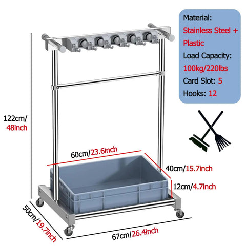 Rolling Mop And Broom Cart With Industrial Steel Build, Freestanding Utility Organizer for home, garage, and garden