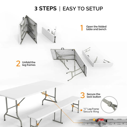 White Folding Picnic Table Set With 2 Benches, 6 Feet Portable Outdoor Indoor Table And Chair Set showing easy 3-step setup process