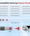 Upgraded DC97-16350V Suspension Rods Replacement Kit, 4 Pack, 27.6 Inch Length, shown with compatible Samsung washer models.