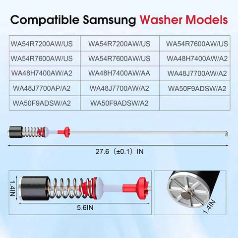 Upgraded DC97-16350V Suspension Rods Replacement Kit, 4 Pack, 27.6 Inch Length, shown with compatible Samsung washer models.