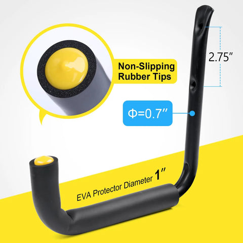Heavy Duty Garage Storage Hooks Wall Mounted Rack with non-slipping rubber tips for hanging ladders, bikes, and kayaks