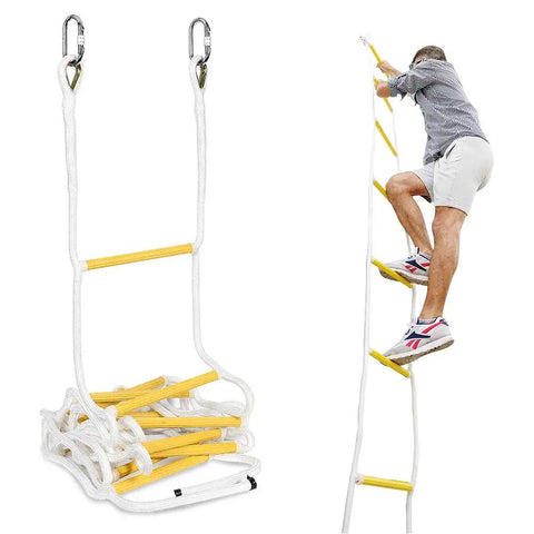 Heavy Duty Fire Escape Rope Ladder For 3 Story Homes 25 Feet Flame Resistant Rescue Ladder with hooks in use by person climbing