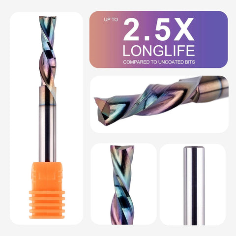 SpeTool 1/4 in shank downcut spiral router bits collage (4 pcs); 1/4 in cutting diameter, 1 in length, long-life coating