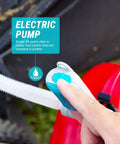 Hand pressing switch on All American Style Battery Powered Stick Pump for Fast Fluid Transfer and Quick Siphoning of liquids.