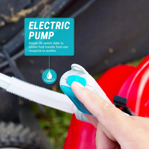 Hand pressing switch on All American Style Battery Powered Stick Pump for Fast Fluid Transfer and Quick Siphoning of liquids.