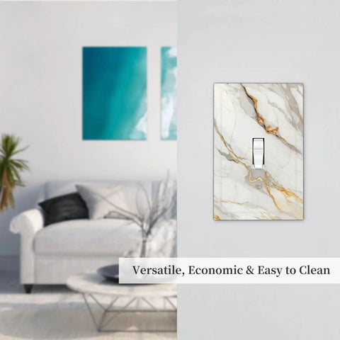 One Gang Light Switch Cover Plate White Gold Marble Wall Faceplate With Painted Screws Decorative Toggle Plate in modern living room.