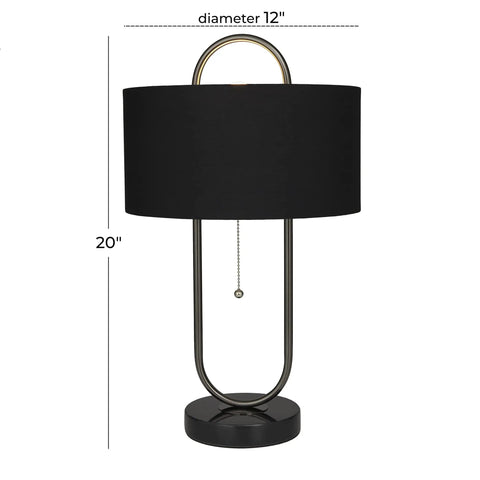 Oval Shaped Metal Table Lamp For Living Room, Black Iron Base With Marble Accents And Linen Fabric Shade, 12x12x20 Inches
