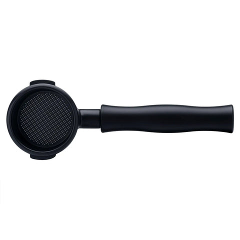 58MM Bottomless Portafilter With Titanium PVD Coated Head And Anodized Aluminum Handle for Breville machines; showing the filter basket.
