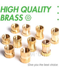 Brass knurled inserts from Beefy Brass Threaded Inserts Heat Set Nuts Kit For Woodworking 500 Pieces M2 M2.5 M3 shown on white background.