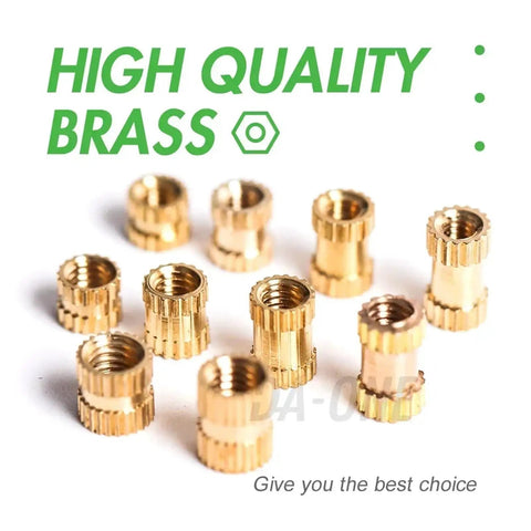 Brass knurled inserts from Beefy Brass Threaded Inserts Heat Set Nuts Kit For Woodworking 500 Pieces M2 M2.5 M3 shown on white background.