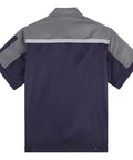 Mens Short Sleeve Work Jacket Built Like A Tank For The Daily Grind With Bright Reflective Stripes And Smooth Front Zip Breathable Auto Mechanic Uniform Gray Navy Blue Contrast back view with gray and navy blue contrast.