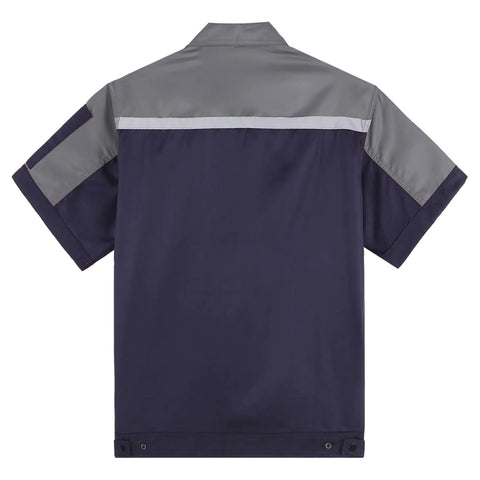 Mens Short Sleeve Work Jacket Built Like A Tank For The Daily Grind With Bright Reflective Stripes And Smooth Front Zip Breathable Auto Mechanic Uniform Gray Navy Blue Contrast back view with gray and navy blue contrast.