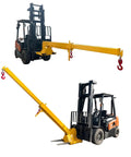 Boss Grade 3 Ton Forklift Jib Boom Crane Adapter with tilt, 7-12ft reach, yellow steel design, dual carabiners for rigging.
