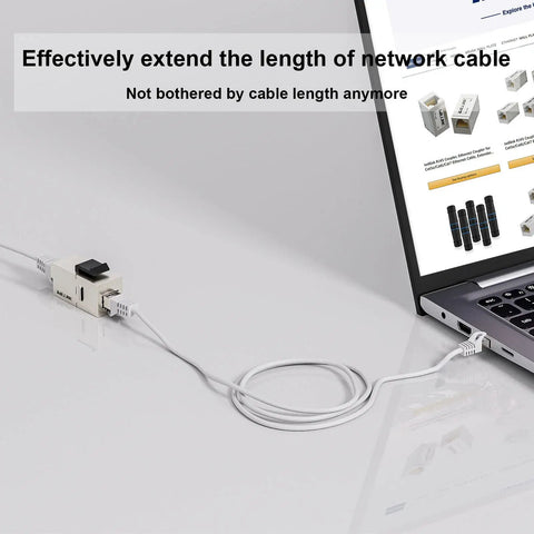 10Gbps Cat7 Shielded RJ45 Keystone Coupler Pack connecting two cables on a desk beside a laptop, demonstrating use for network extension.