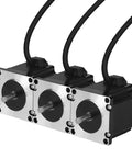 Three NEMA 23 stepper motors with cables, 57×55 mm frame, black housings and silver front plates aligned in a row.