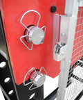 Close-up of the adjustable side shifting ram cylinder on the Pro Grade Heavy Duty 150 Ton Electric Hydraulic Shop Press.