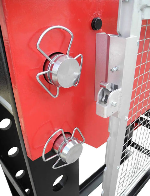 Close-up of the adjustable side shifting ram cylinder on the Pro Grade Heavy Duty 150 Ton Electric Hydraulic Shop Press.