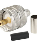UHF Male PL259 Crimp Connector for LMR240 RG8X Coax Cable Low Loss No Hassle Ham Radio Plug, brass nickel plated, parts shown