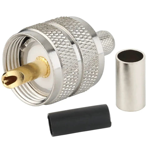 UHF Male PL259 Crimp Connector for LMR240 RG8X Coax Cable Low Loss No Hassle Ham Radio Plug, brass nickel plated, parts shown